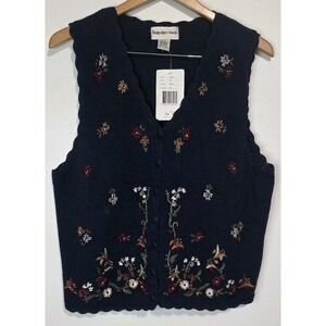 NEW Vintage Hampshire Studio Women Navy Sweater Vest Embroidered Flowers Cottage